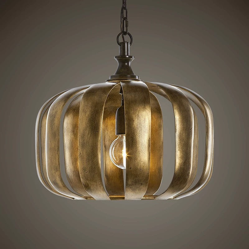 Antique Gold Cage Pendant Light in Iron – Vintage Industrial Ceiling Fixture for Dining Room or Entryway - Lamps