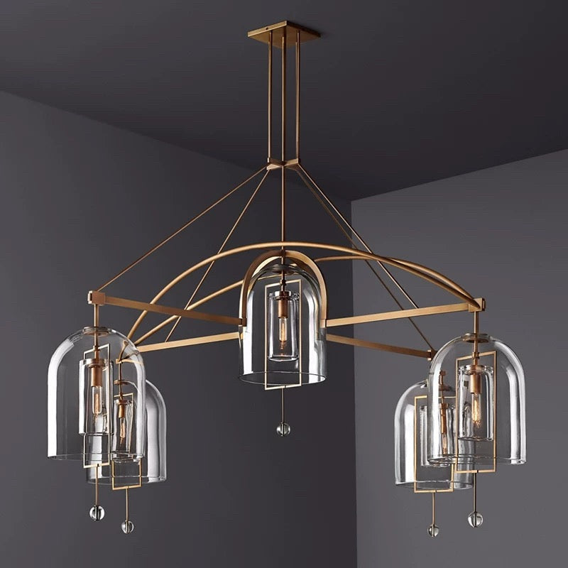 Art Deco Glass and Copper Chandelier – Elegant Statement Lighting for Dining Room or Foyer - Chandeliers