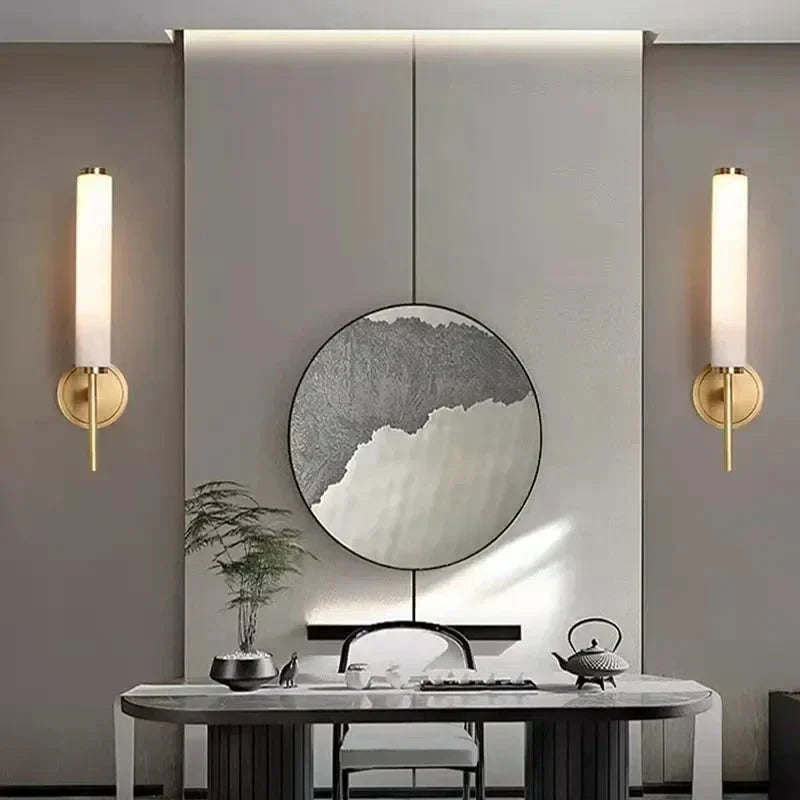 Modern Brass Wall Sconce – Frosted Glass Cylinder Shade Minimalist Vertical Lighting Fixture for Bedrooms and Hallways