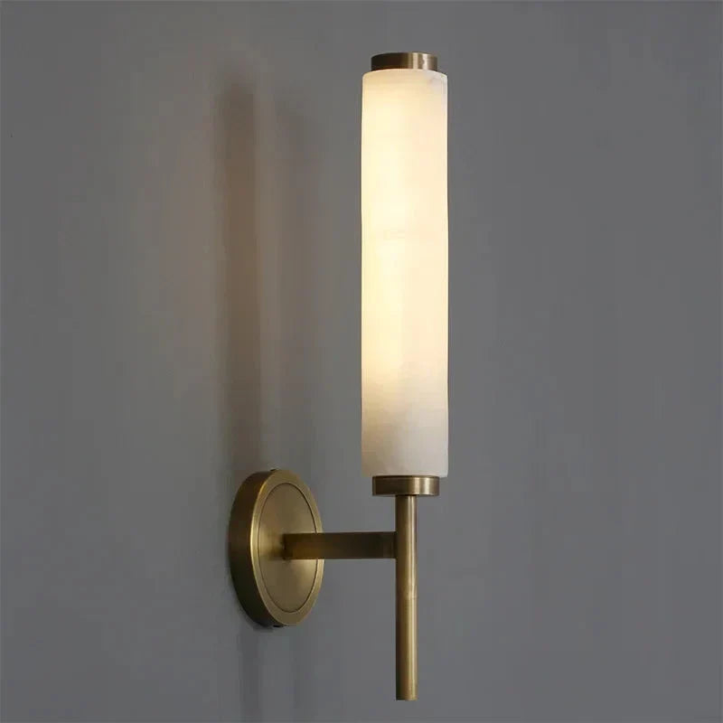 Modern Brass Wall Sconce – Frosted Glass Cylinder Shade Minimalist Vertical Lighting Fixture for Bedrooms and Hallways