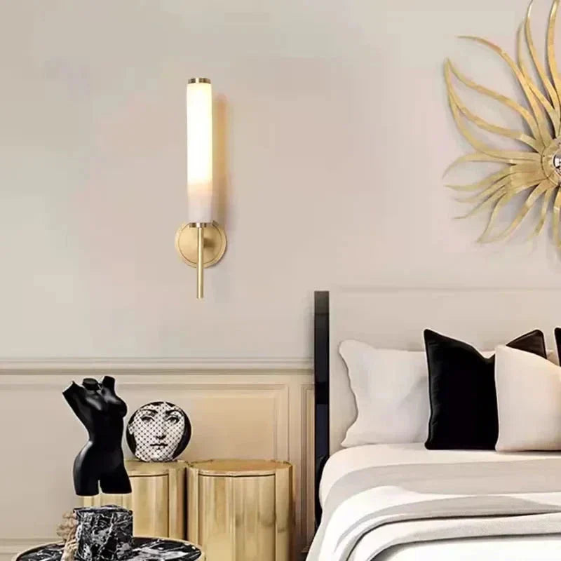 Modern Brass Wall Sconce – Frosted Glass Cylinder Shade Minimalist Vertical Lighting Fixture for Bedrooms and Hallways