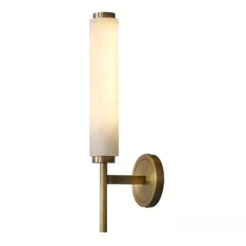 Modern Brass Wall Sconce – Frosted Glass Cylinder Shade Minimalist Vertical Lighting Fixture for Bedrooms and Hallways