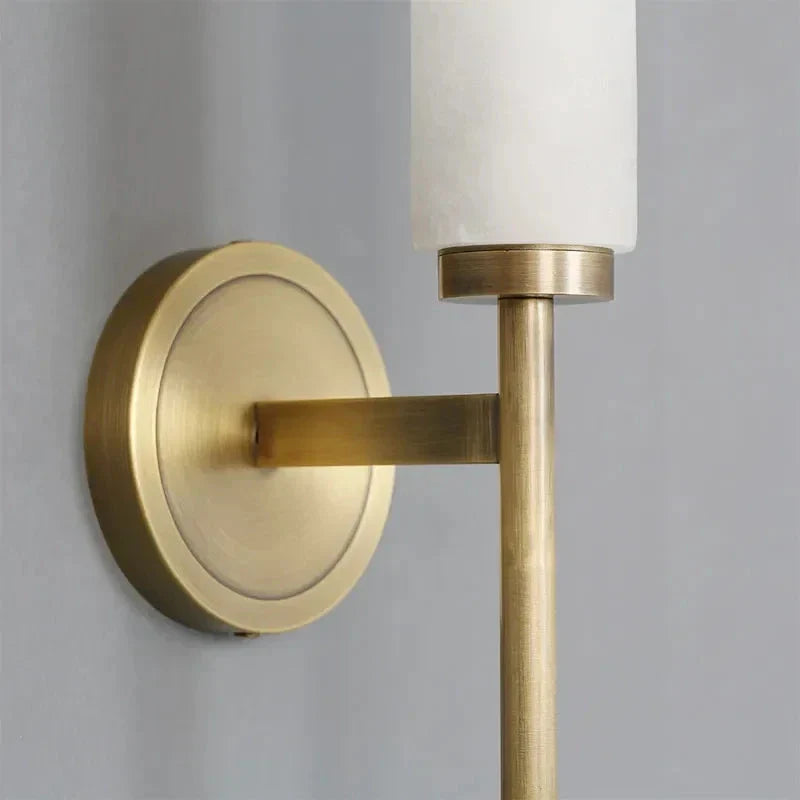 Modern Brass Wall Sconce – Frosted Glass Cylinder Shade Minimalist Vertical Lighting Fixture for Bedrooms and Hallways