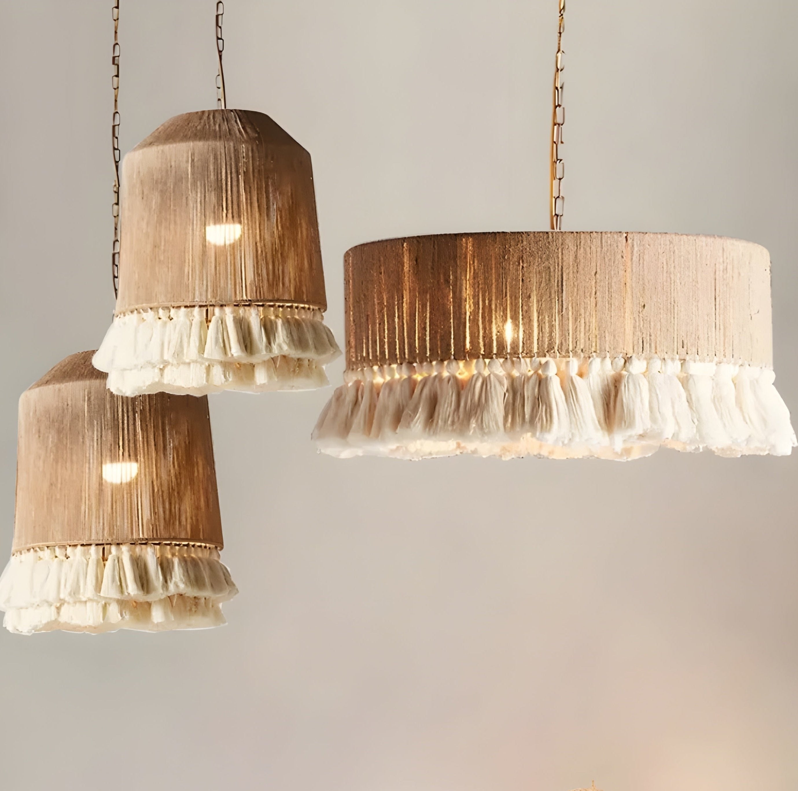 Bohemian Fringe Pendant Lights – Handcrafted Woven Rattan Hanging Lamps with Soft Tassel Detailing - Semi-flush Mounts