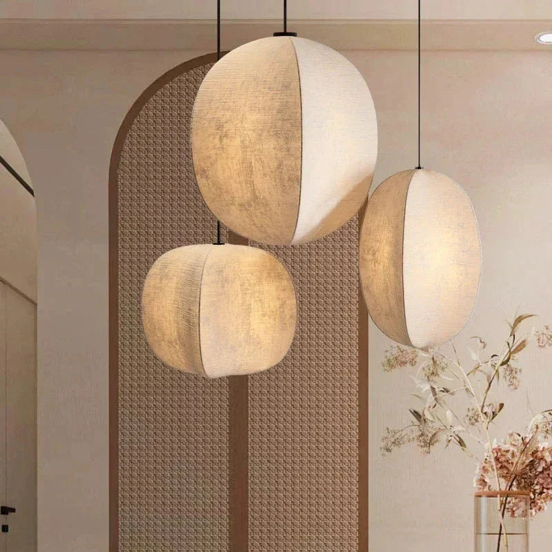 Linen Globe Pendant Lights for Living Room Bedroom Japandi Lamps - Lamps