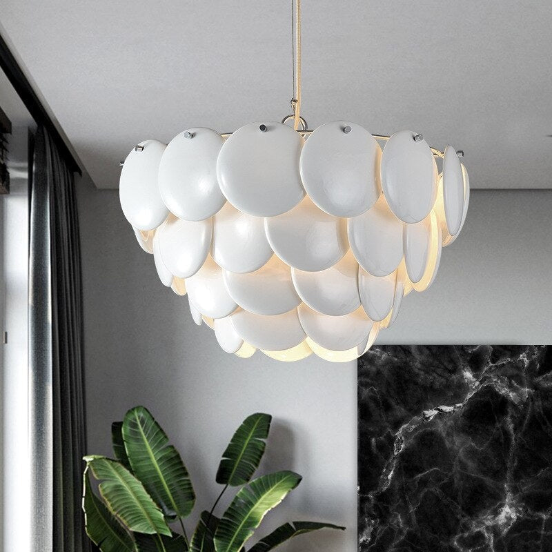 Luxurious Round Chandelier | Layered Scale Pattern | Glass or Ceramic | White | Semi-flush Mount - Chandeliers