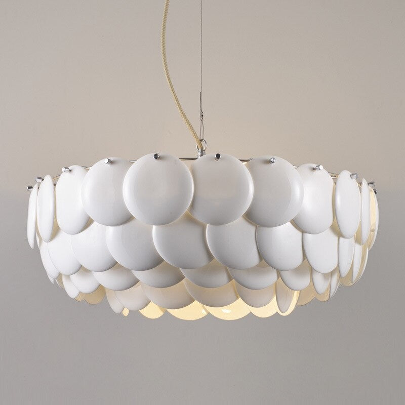 Luxurious Round Chandelier | Layered Scale Pattern | Glass or Ceramic | White | Semi-flush Mount - Chandeliers