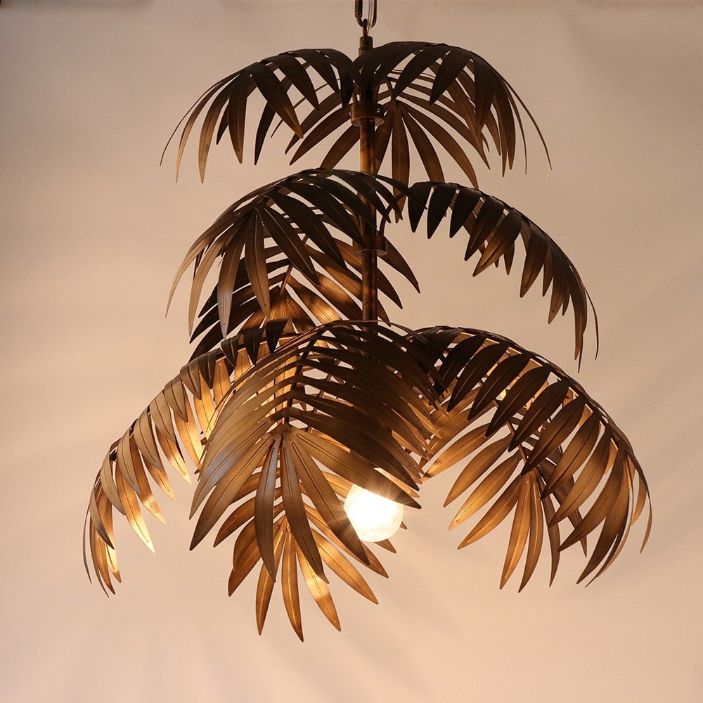 Palm Leaf Chandelier in Antique Bronze Finish Large Metal Pendant Light for Living Room Dining or Entryway - Lamps