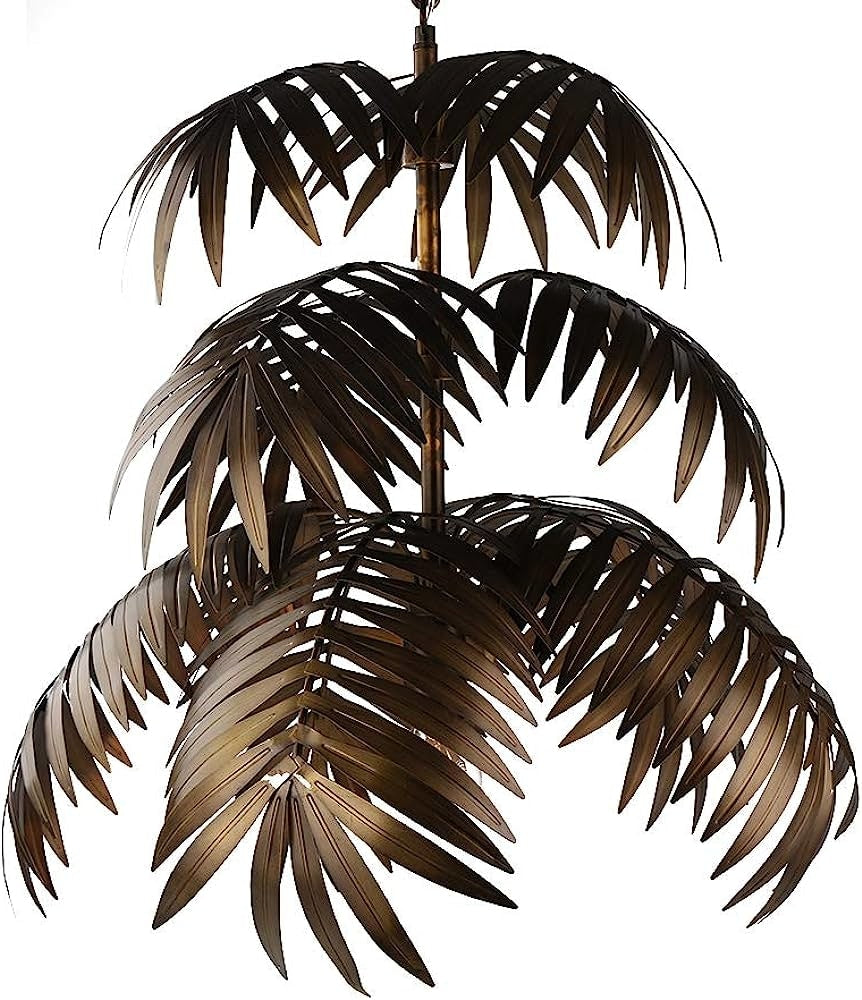 Palm Leaf Chandelier in Antique Bronze Finish Large Metal Pendant Light for Living Room Dining or Entryway - Lamps