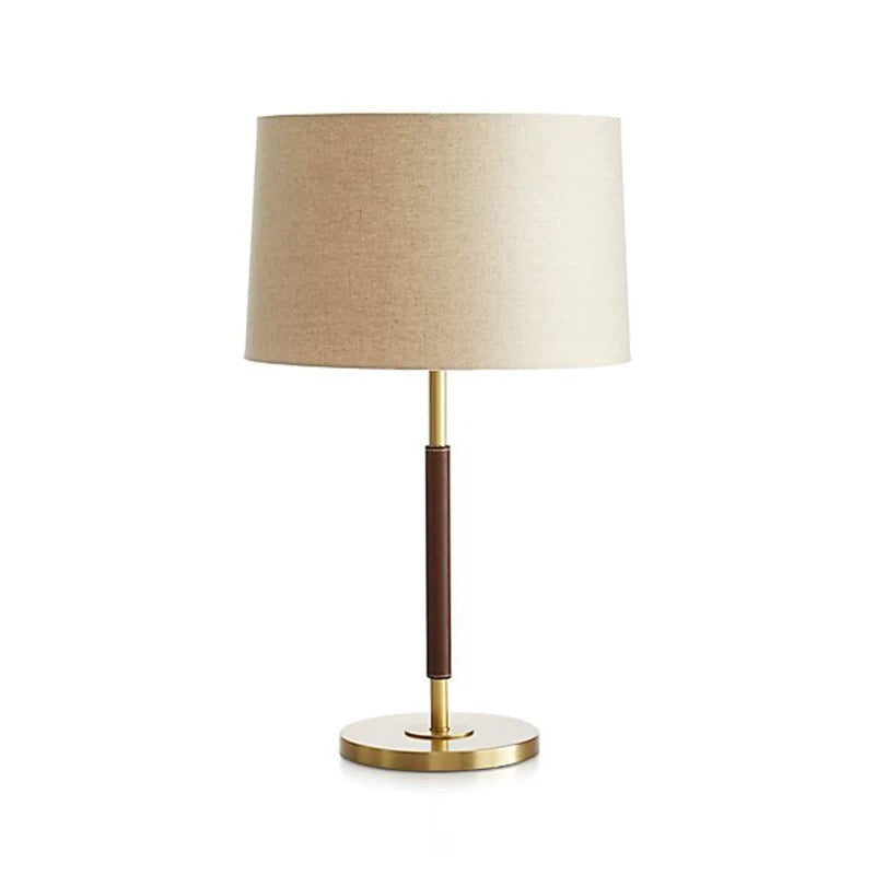 Modern Luxury Brass and Leather Table Lamp with Linen Drum Shade for Bedroom Living Room or Office - Lamps