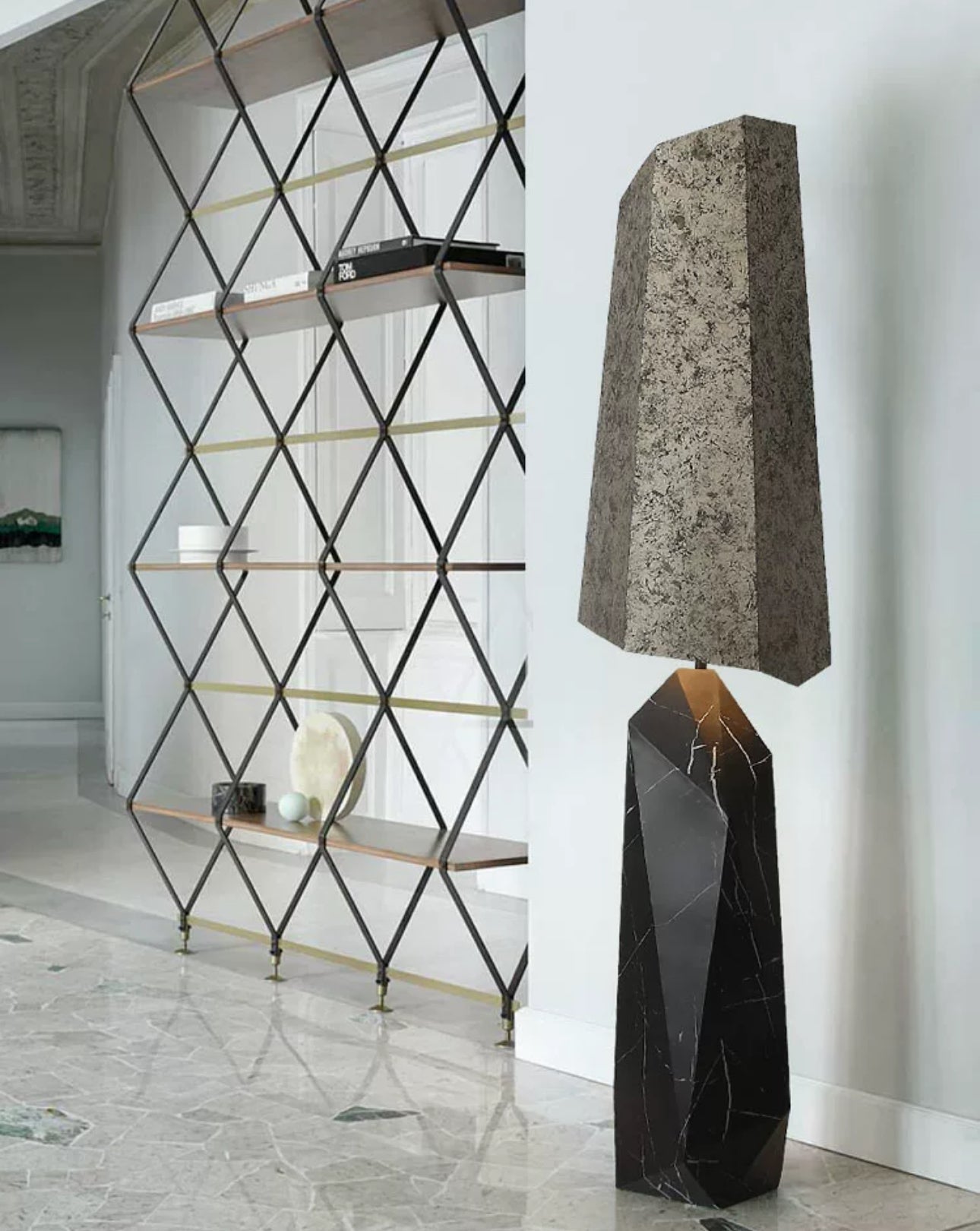 Geometric Granite and Marble Table Lamp – Modern Faceted Design Sculptural Stone Lighting - Minimalist Floor Lamps