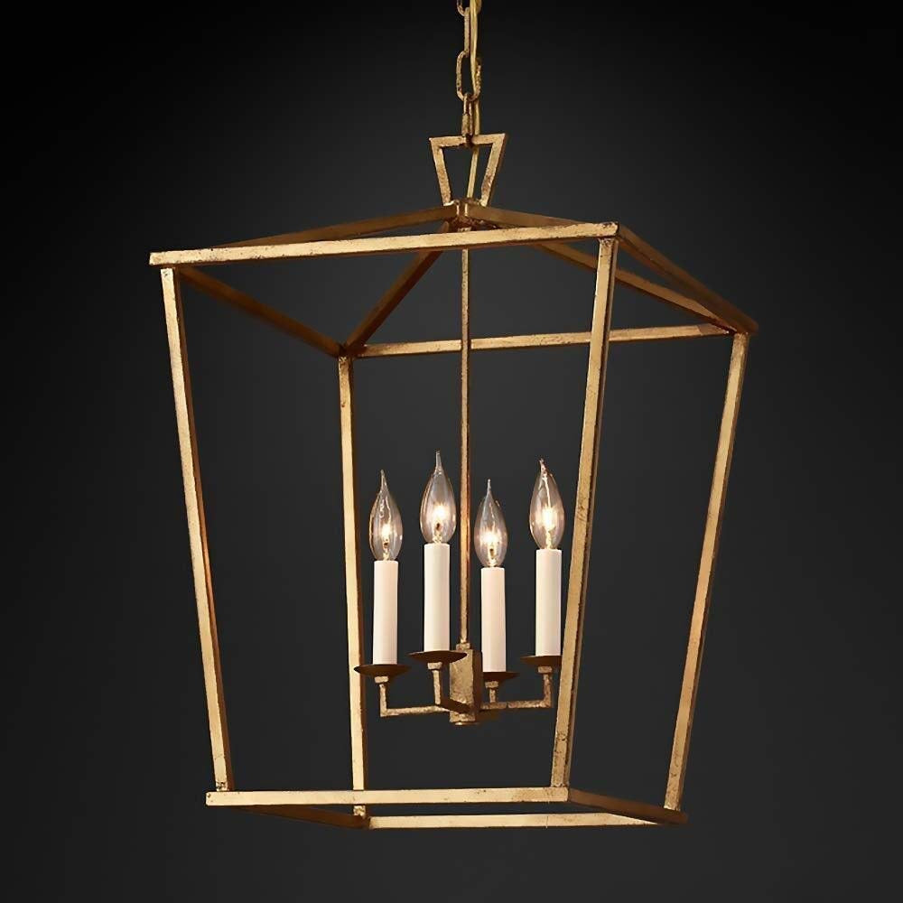 Gold Lantern Pendant Light with 4 Candle Lights – Open Frame Foyer Chandelier for Entryway Kitchen Island or Dining