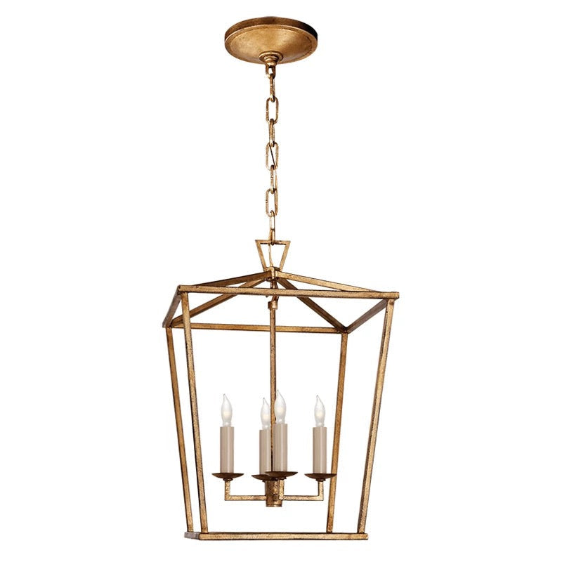 Gold Lantern Pendant Light with 4 Candle Lights – Open Frame Foyer Chandelier for Entryway Kitchen Island or Dining