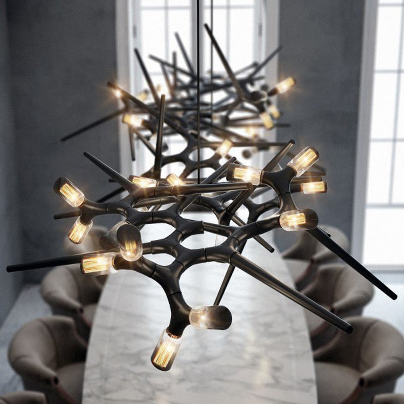 Industrial Modern Chandelier with Exposed Bulbs and Branching Metal Frame – Statement Pendant Light - Semi-flush Mounts