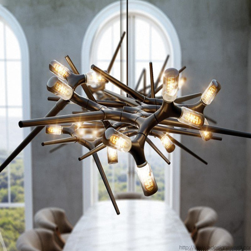 Industrial Modern Chandelier with Exposed Bulbs and Branching Metal Frame – Statement Pendant Light - Semi-flush Mounts