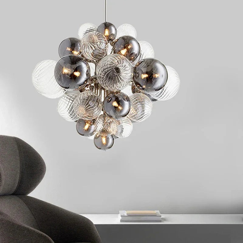 Modern Cluster Glass Globe Chandelier – Smoked and Clear Pendant Light for Living Room or Entryway - Chandeliers