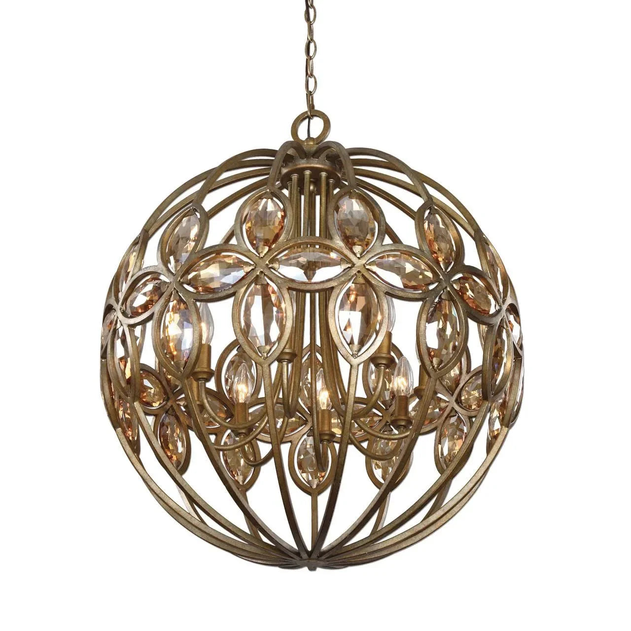 Wrought Iron Crystal Globe Chandelier – Luxurious Dining Room or Entryway Light - Pendant Lamps