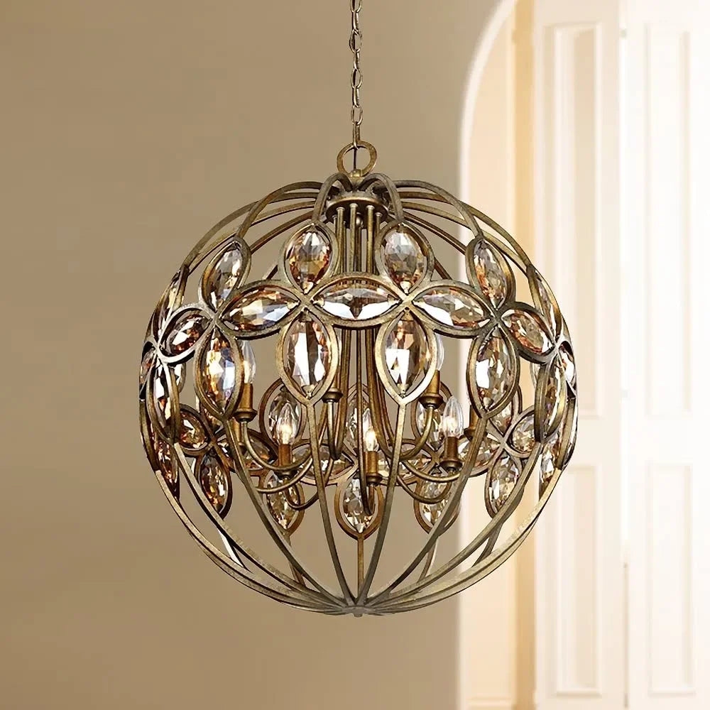 Wrought Iron Crystal Globe Chandelier – Luxurious Dining Room or Entryway Light - Pendant Lamps